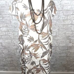 Lungo L’Arno Linen Dress XL Tropical Leaf Print Italy Lagenlook Tunic Shift